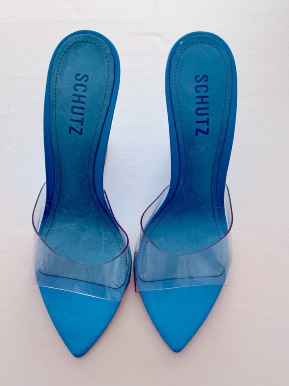 SCHUTZ Blue Pointed Toe Mule with Clear Strap